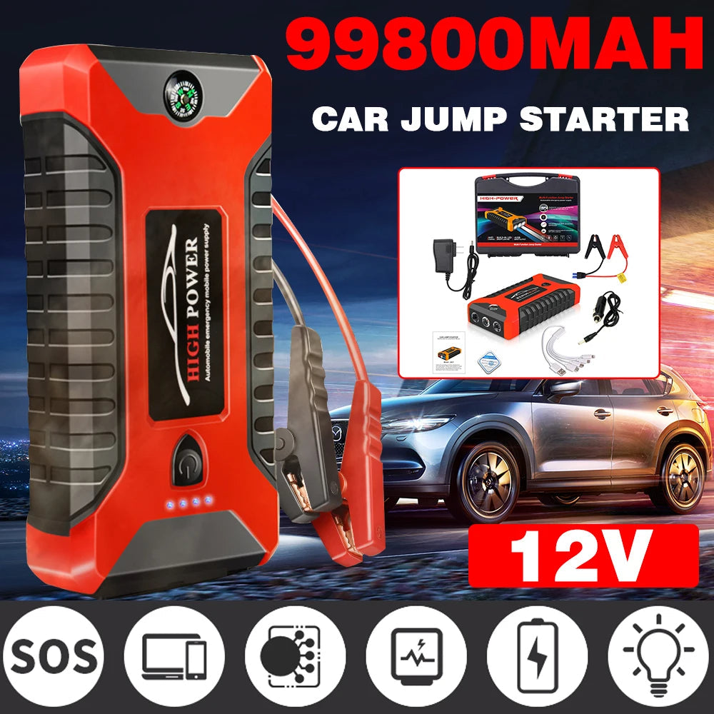 Appareil 4 en 1 ; Démarreur de voiture, batterie externe, pompe à air et lumière LED