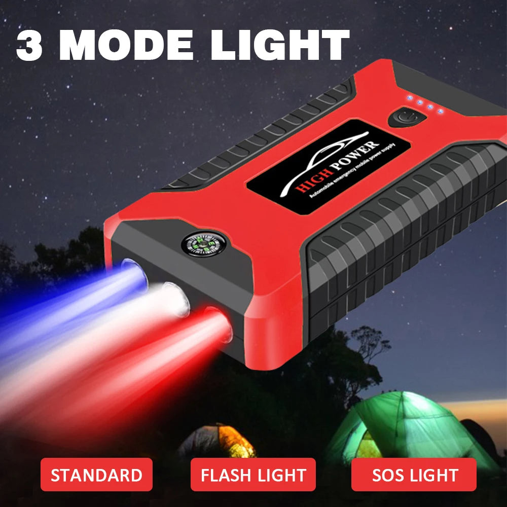 Appareil 4 en 1 ; Démarreur de voiture, batterie externe, pompe à air et lumière LED