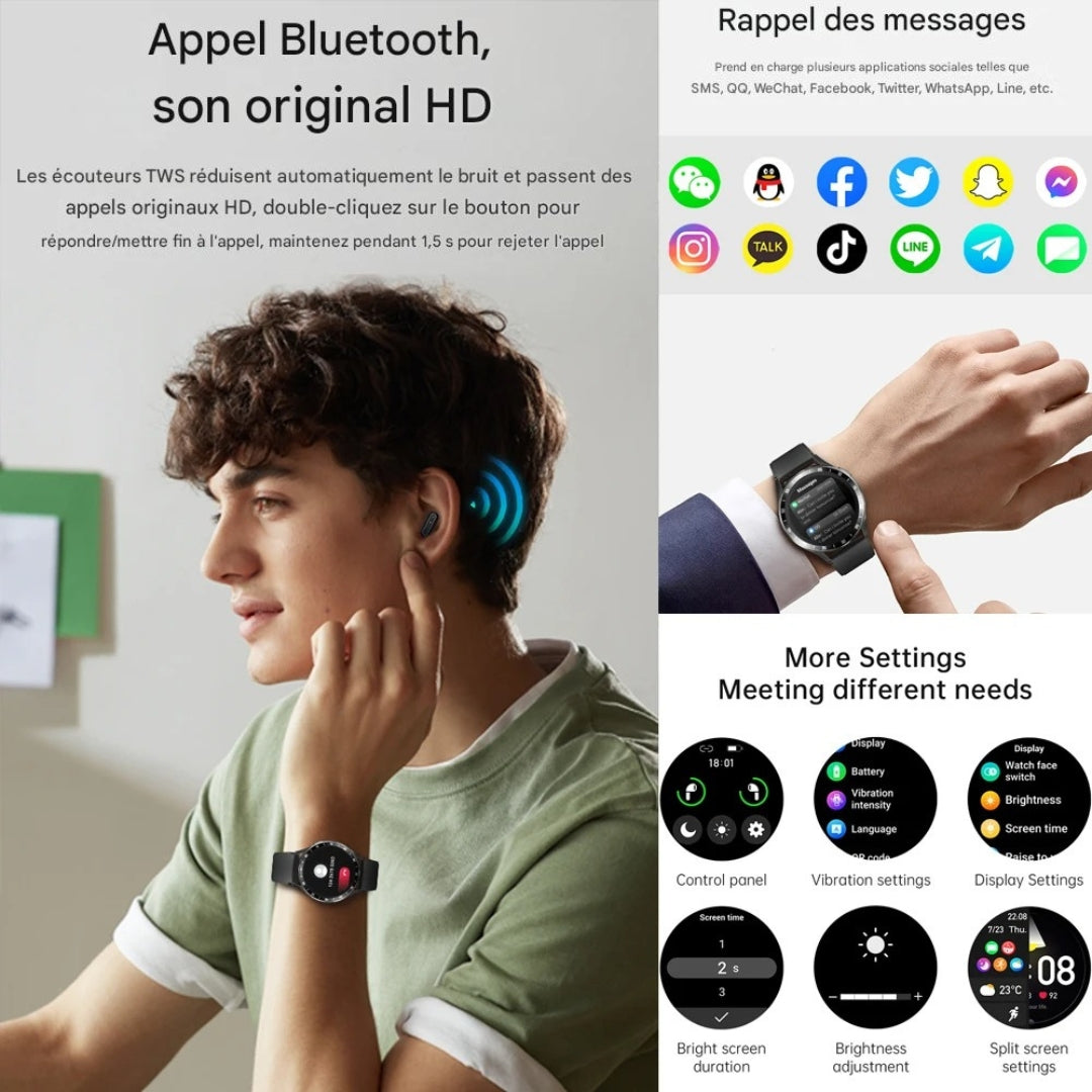 X7 TWS Montre connectée avec écouteurs sans fil intégrés.