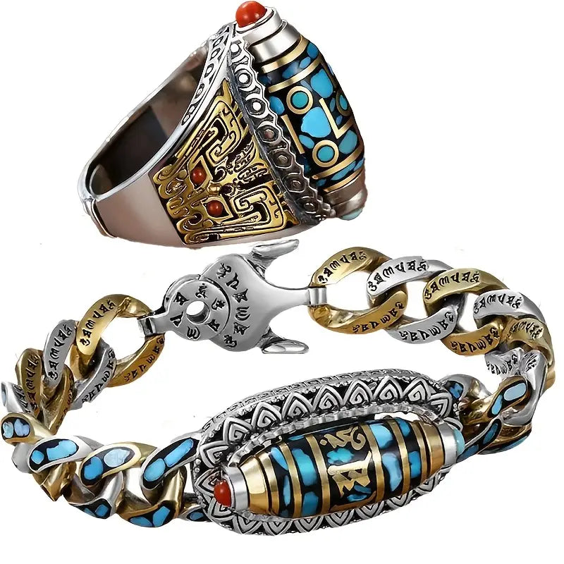 Bague & Bracelet Dzi à Neuf Yeux avec Mantra à Six Syllabes.