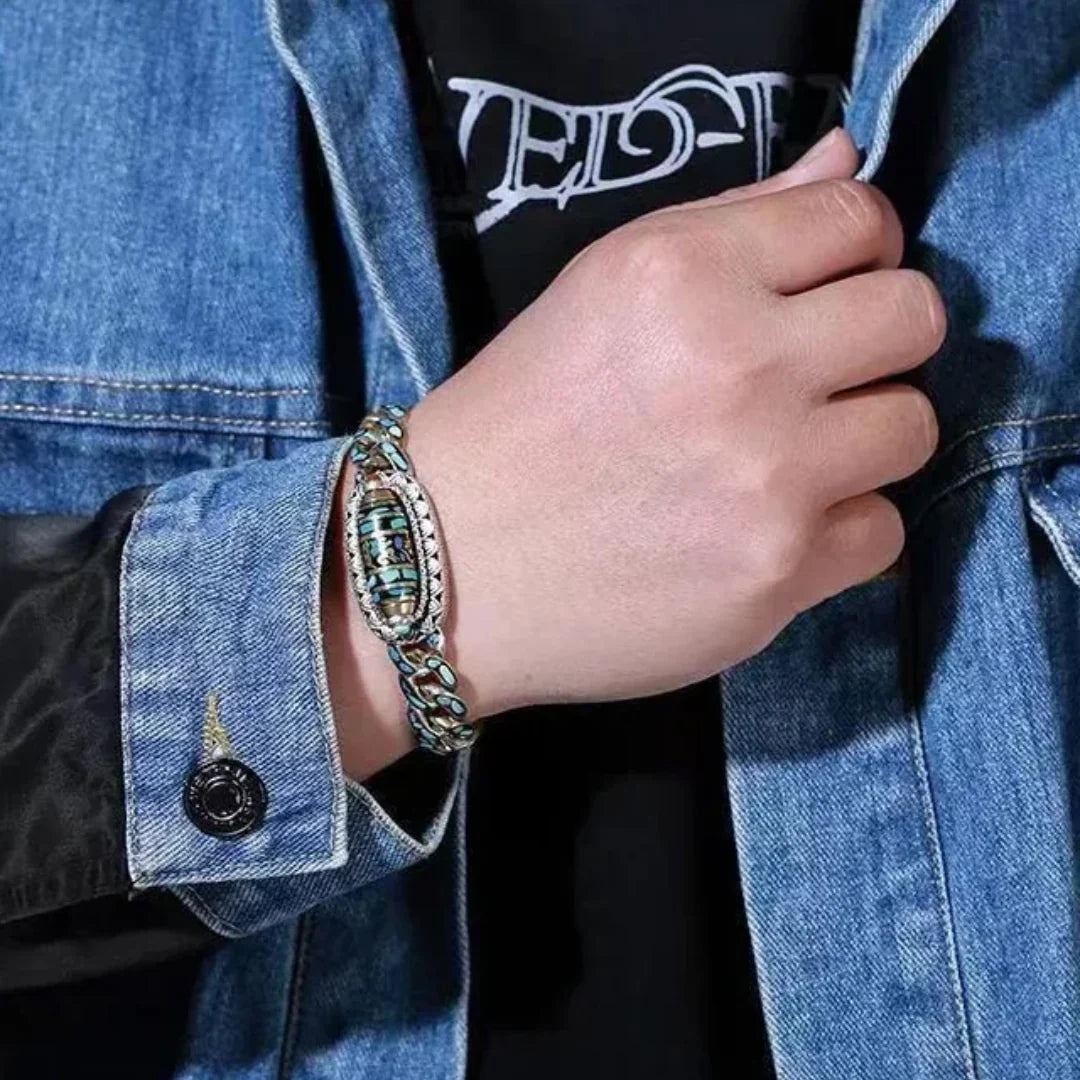 Bague & Bracelet Dzi à Neuf Yeux avec Mantra à Six Syllabes.