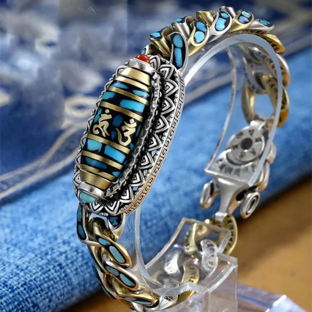 Bague & Bracelet Dzi à Neuf Yeux avec Mantra à Six Syllabes.