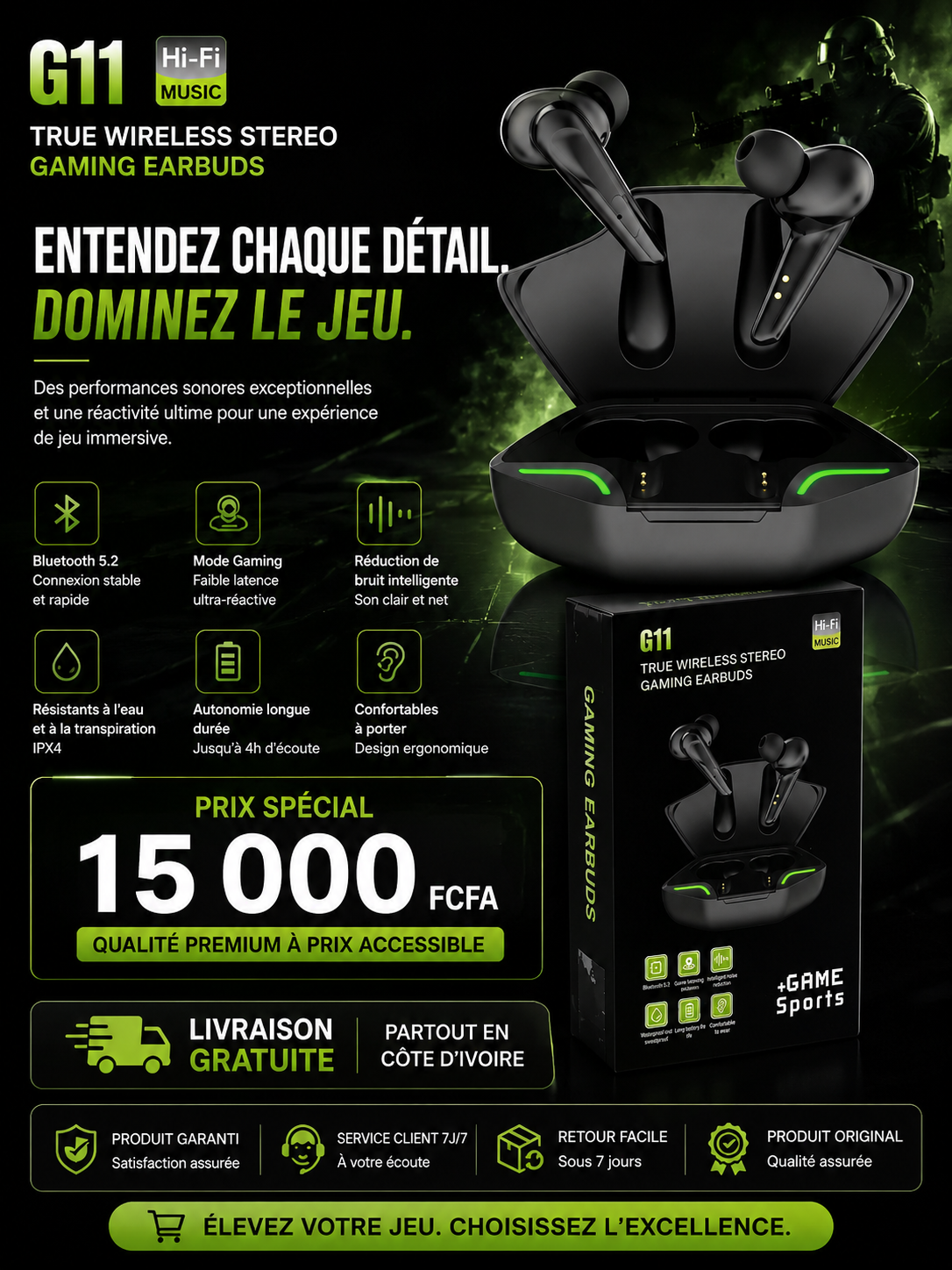G11 Écouteurs stéréo sans fil - Son Puissant, Latence Minimale.