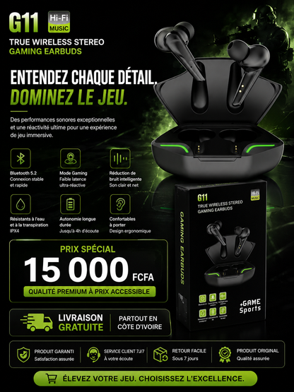 G11 Écouteurs stéréo sans fil - Son Puissant, Latence Minimale.