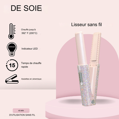 Mini lisseur à cheveux portable sans fil.
