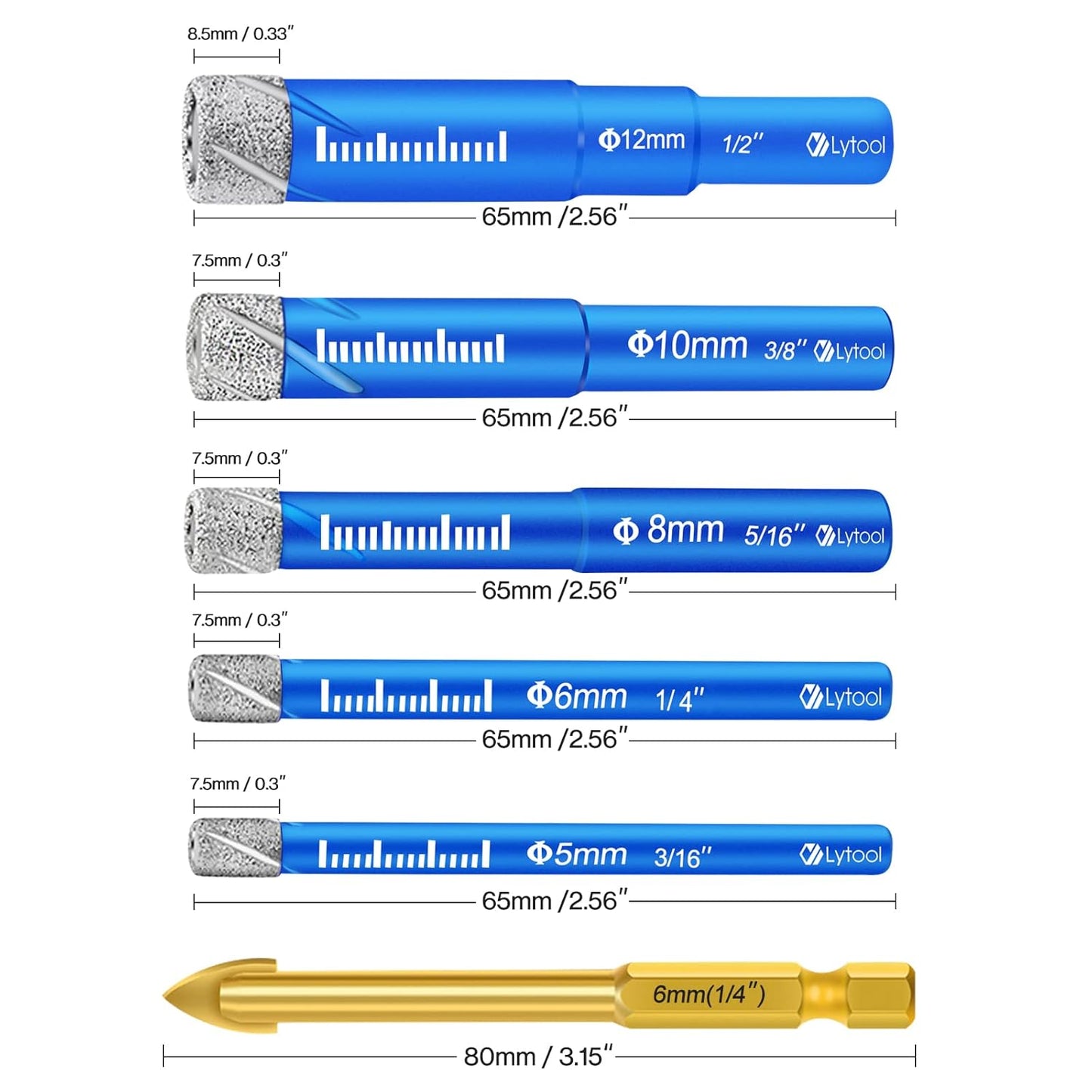 Lot de 6 Forets Diamant pour Carrelage.