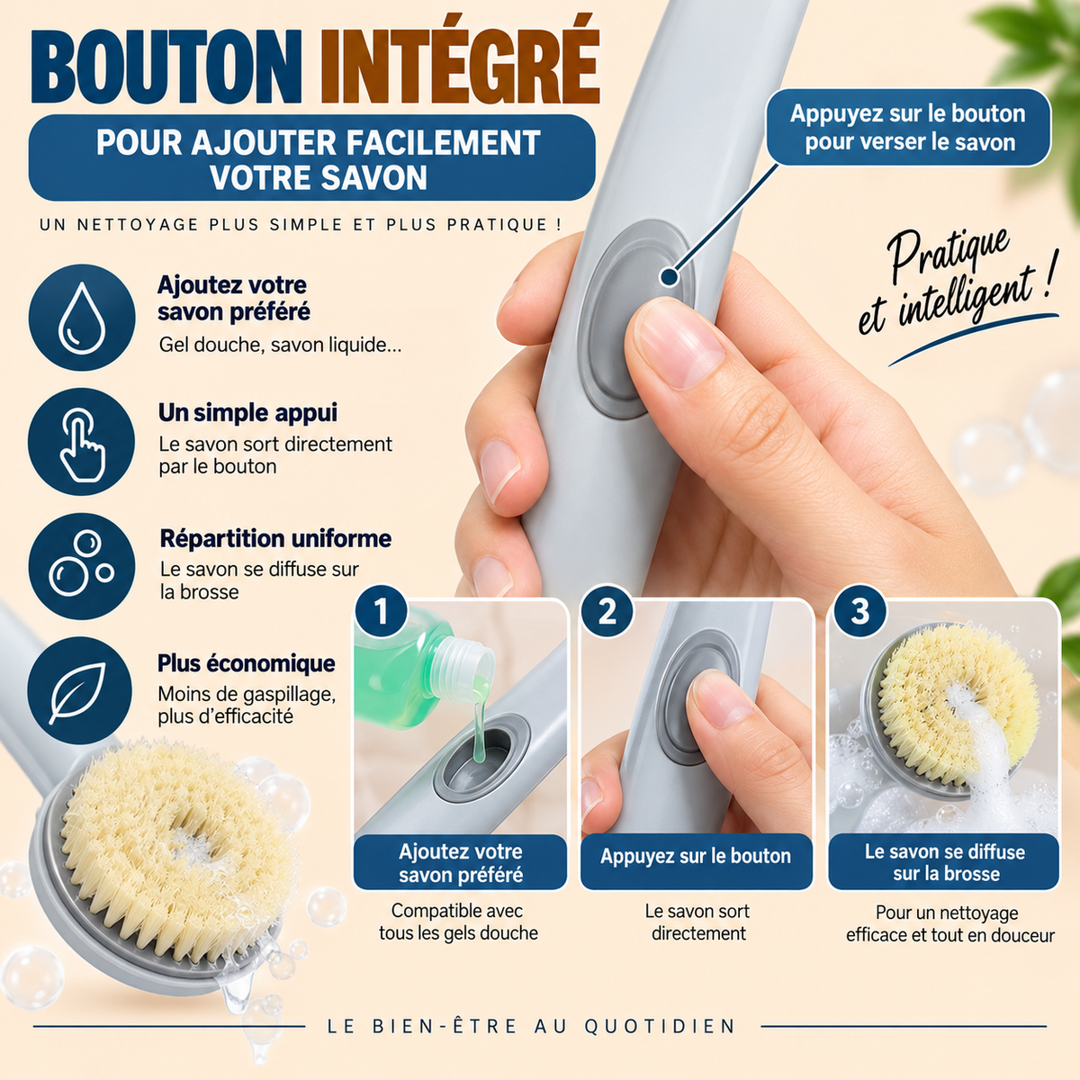 🛁 Brosse de Douche Long Manche avec Réservoir de Gel Douche Burkina
