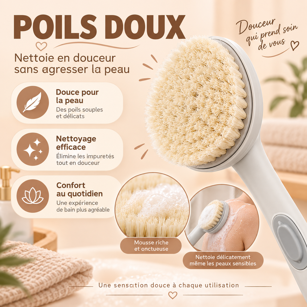 🛁 Brosse de Douche Long Manche avec Réservoir de Gel Douche Burkina