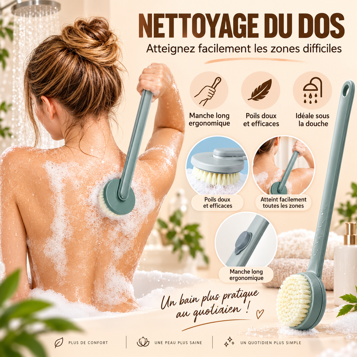 🛁 Brosse de Douche Long Manche avec Réservoir de Gel Douche Burkina