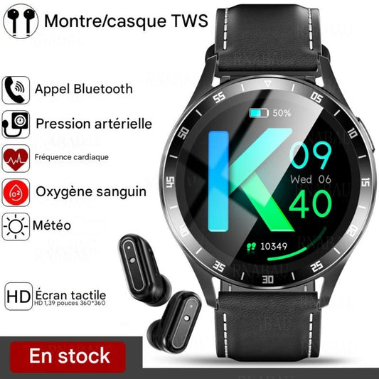 X7 TWS Montre connectée avec écouteurs sans fil intégrés.