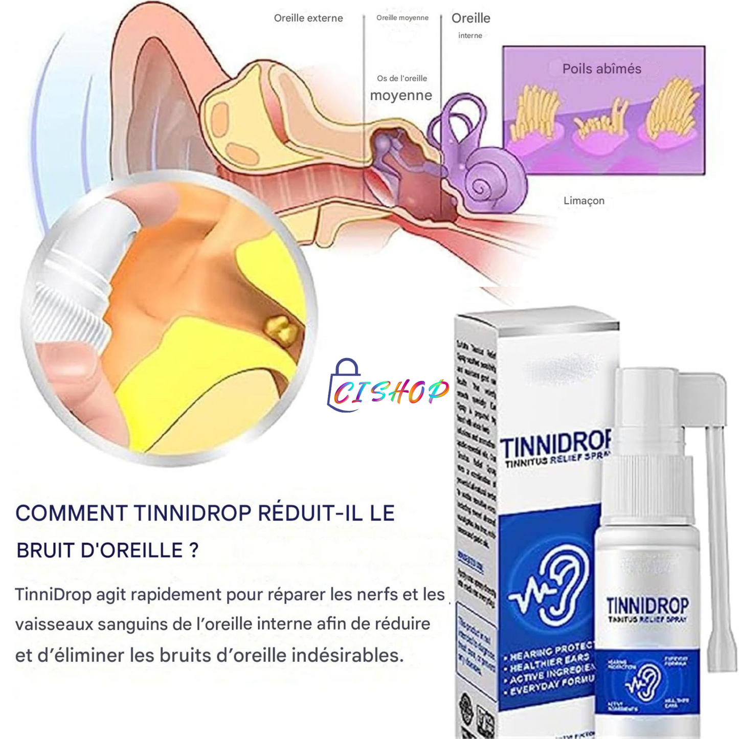 Tinnidrop Spray de soulagement des acouphènes.