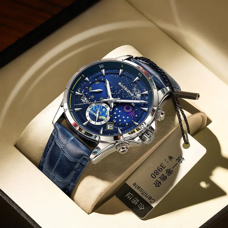 Montre en cuir pour hommes avec un cadran bleu