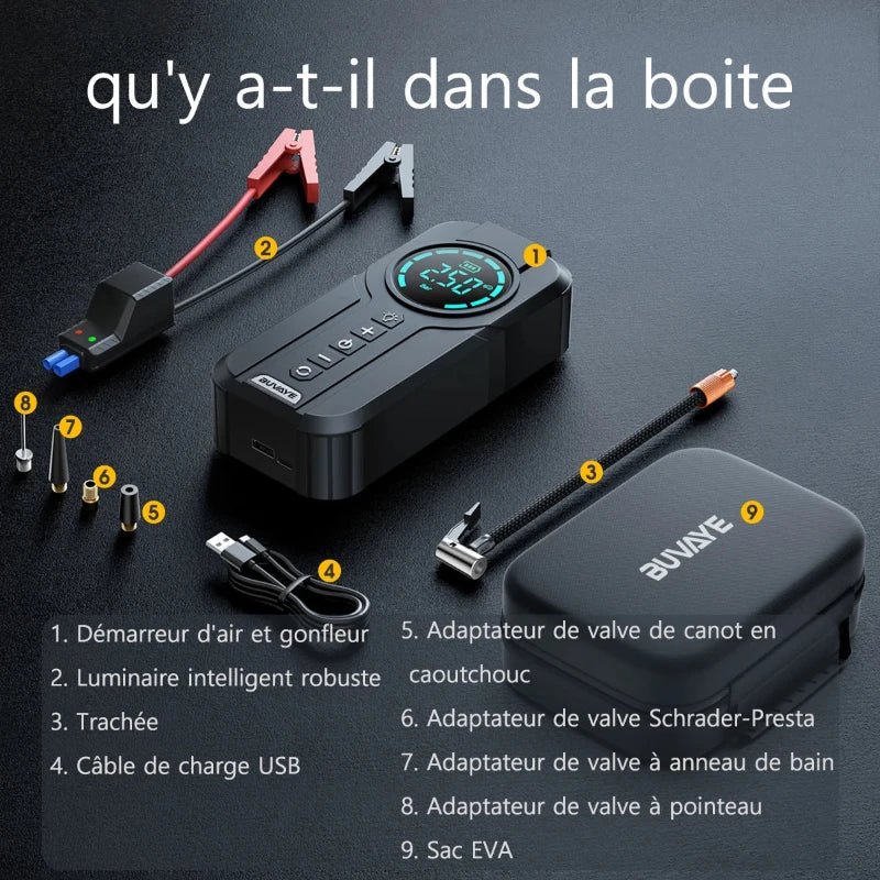 Démarreur de Batterie 4-en-1 avec Gonfleur Automatique.
