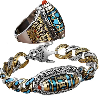 Bague & Bracelet Dzi à Neuf Yeux avec Mantra à Six Syllabes. BURKINA