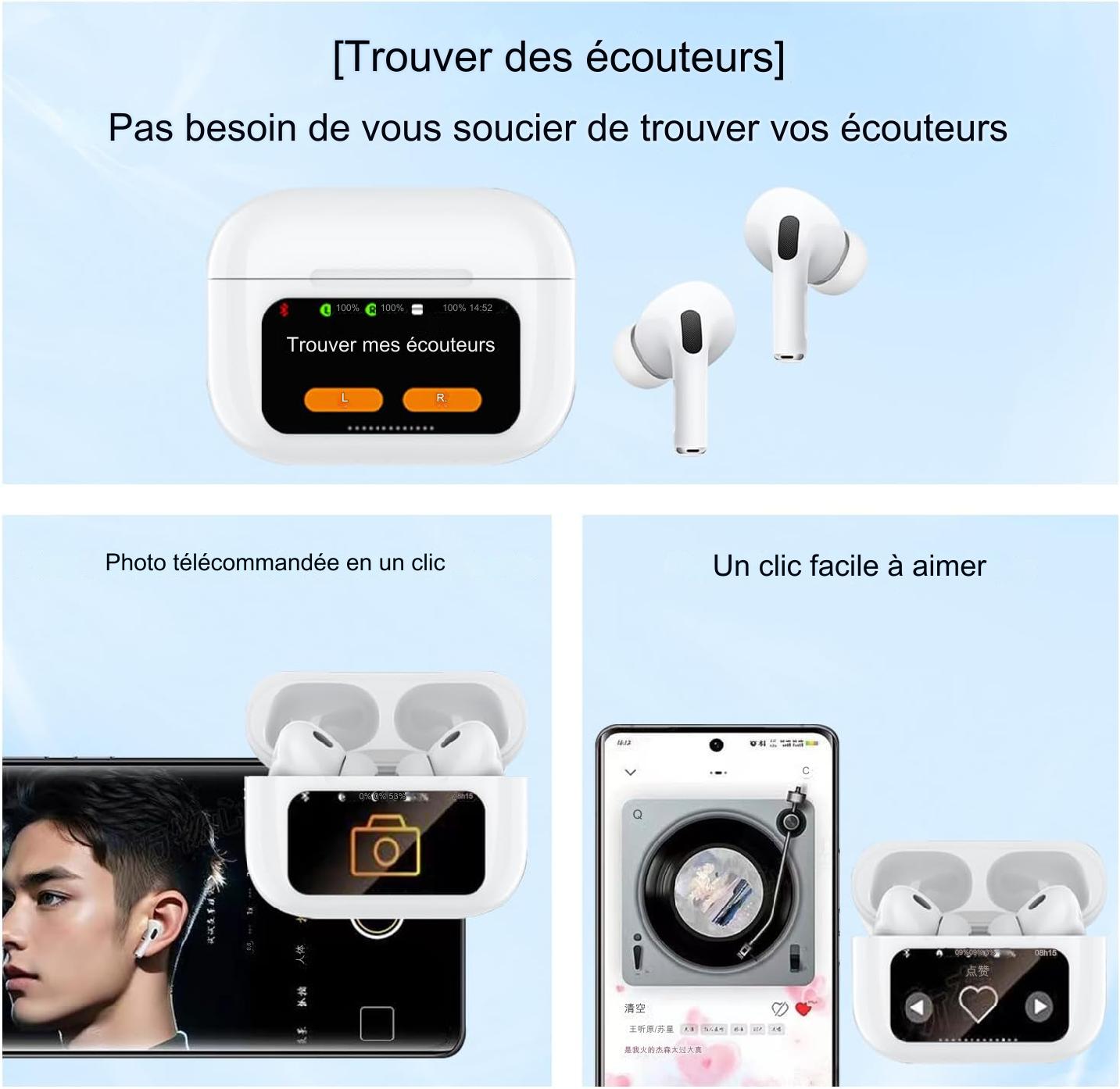 Écouteurs Bluetooth avec écran intégré.