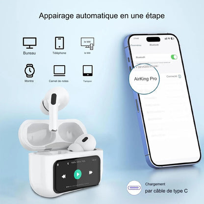 Écouteurs Bluetooth avec écran intégré.