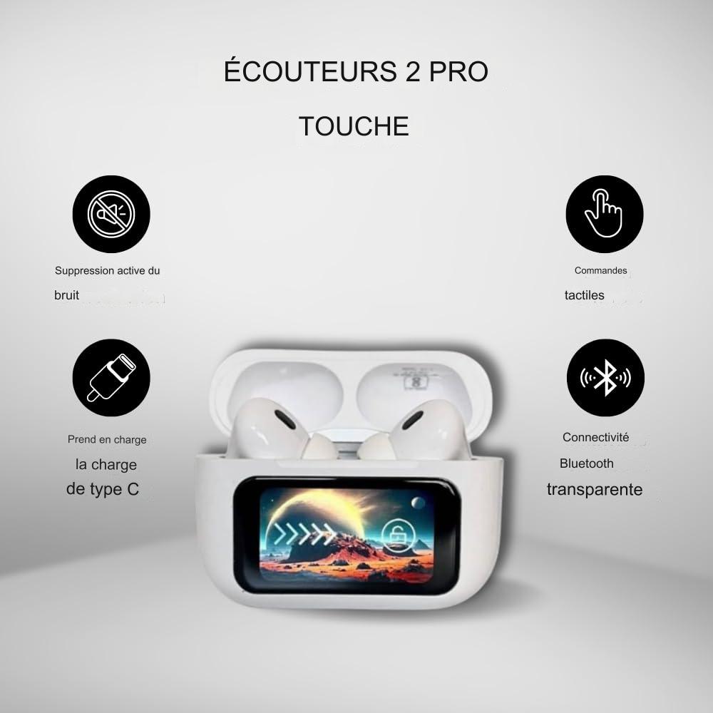 Écouteurs Bluetooth avec écran intégré.