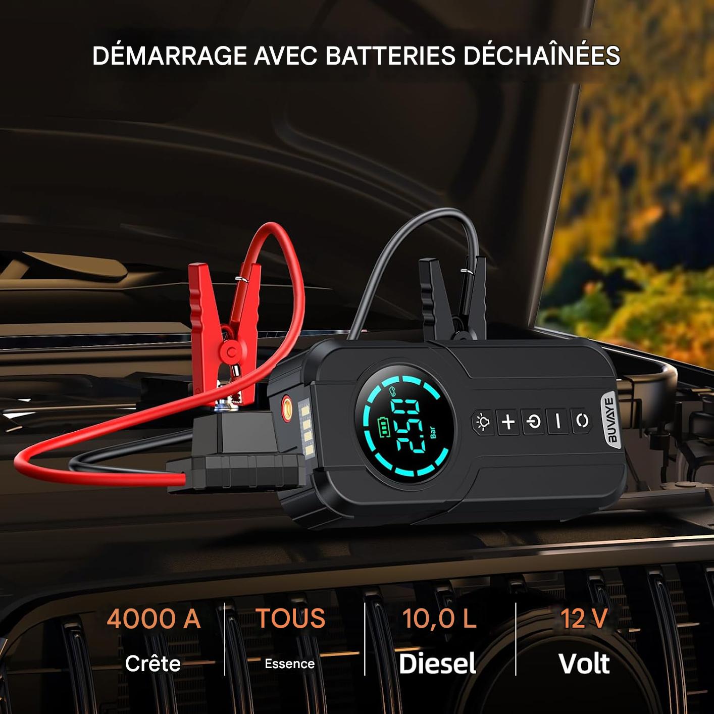 Démarreur de Batterie 4-en-1 avec Gonfleur Automatique.