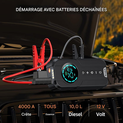 Démarreur de Batterie 4-en-1 avec Gonfleur Automatique.