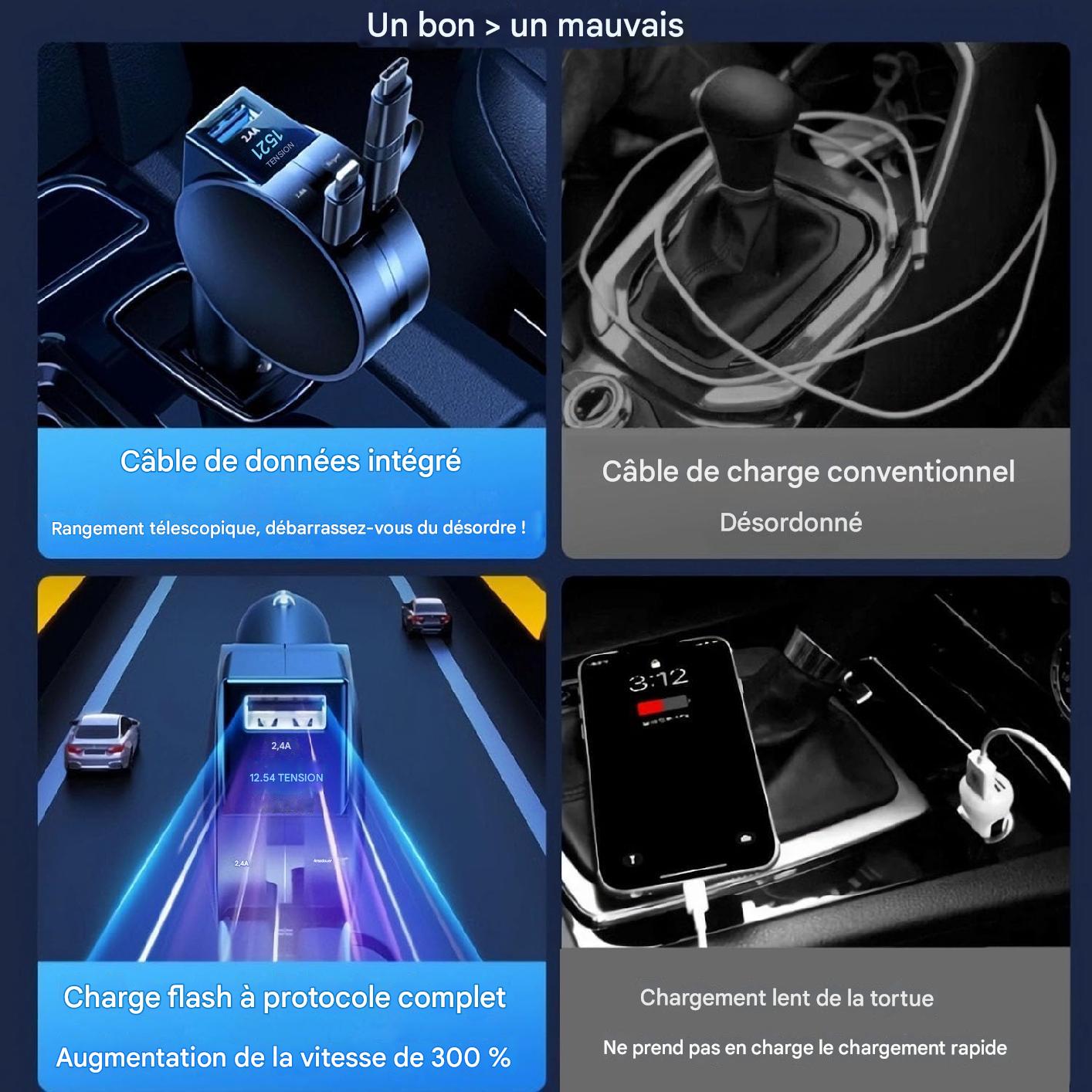 Chargeur de voiture rétractable 3 en 1 Ultra rapide