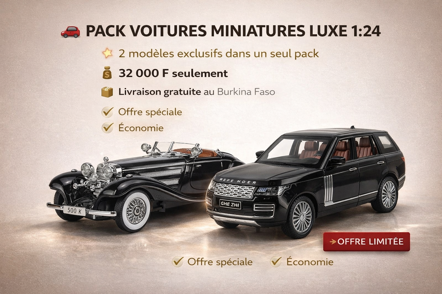 Pack Voitures Miniatures Luxe 1:24 Mercede Benz 500K+Land Rover Range Rover