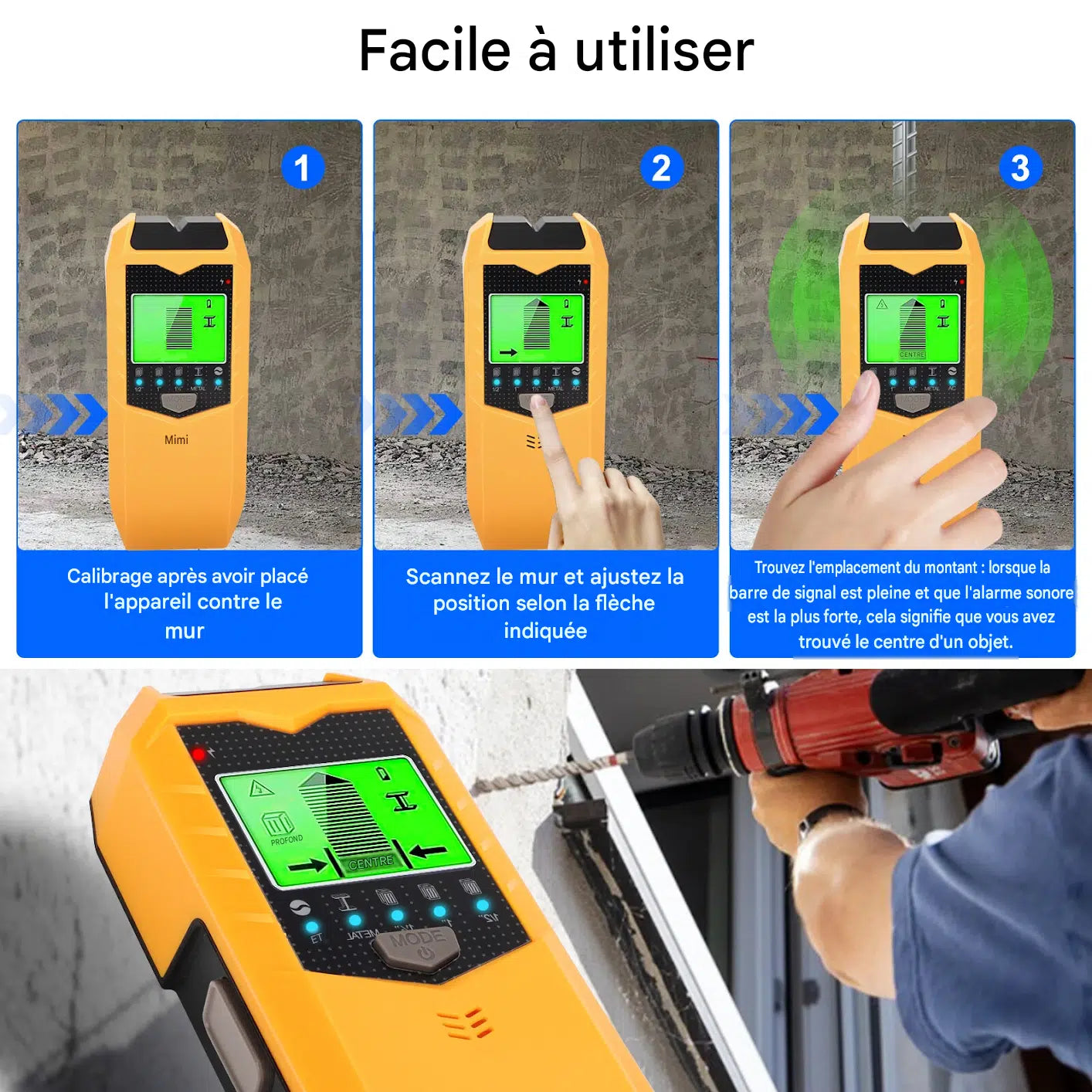 Détecteur de montants 5 en 1 avec écran LCD.