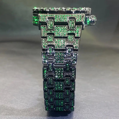 Montre de luxe hip-hop pour homme avec strass verts. BURKINA