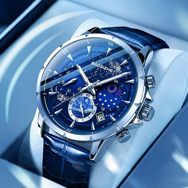 Montre en cuir pour hommes avec un cadran bleu