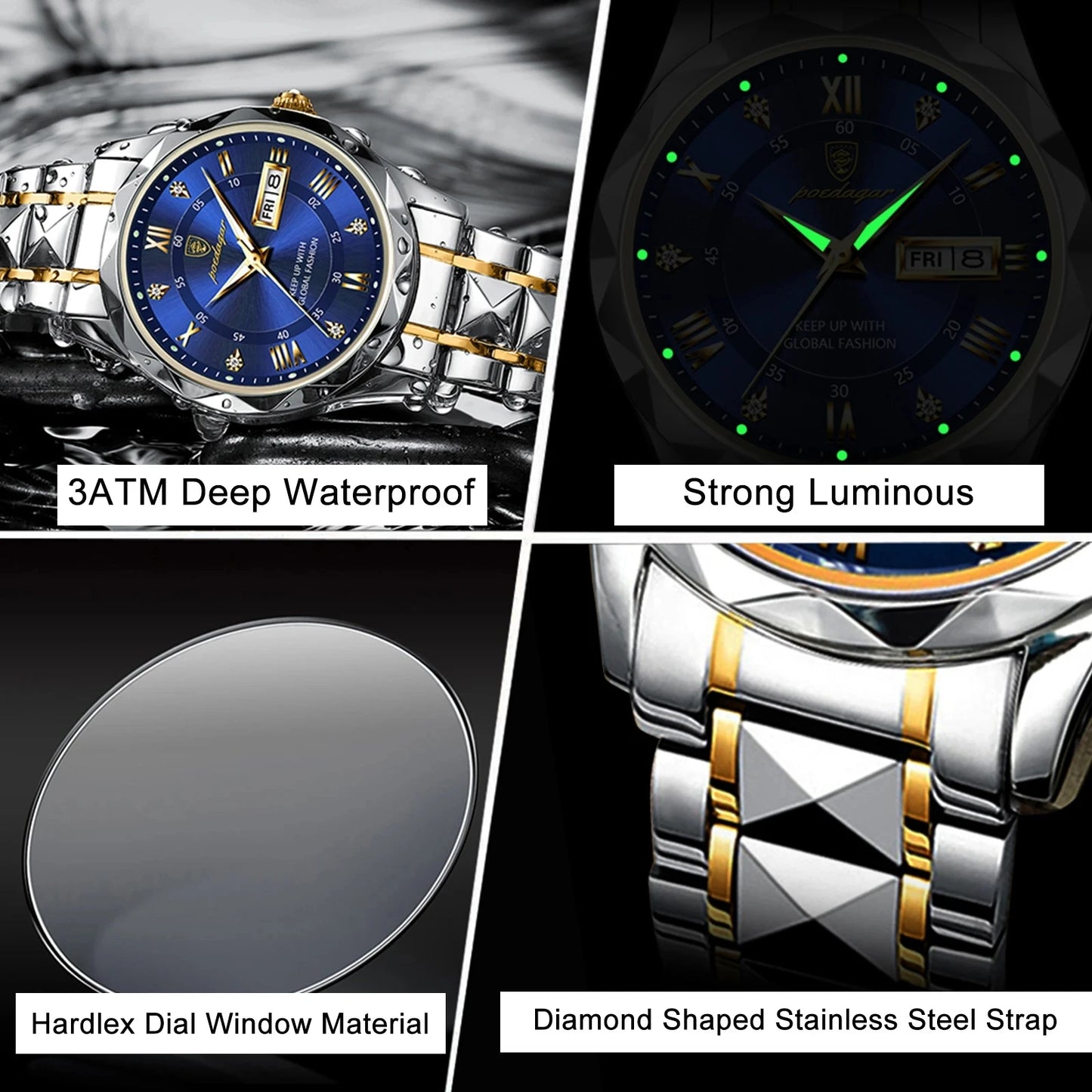 Poedagar Montre à quartz de luxe pour homme - Étanche - Lumineuse - En acier inoxydable