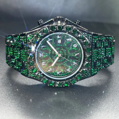 Montre de luxe hip-hop pour homme avec strass verts. BURKINA