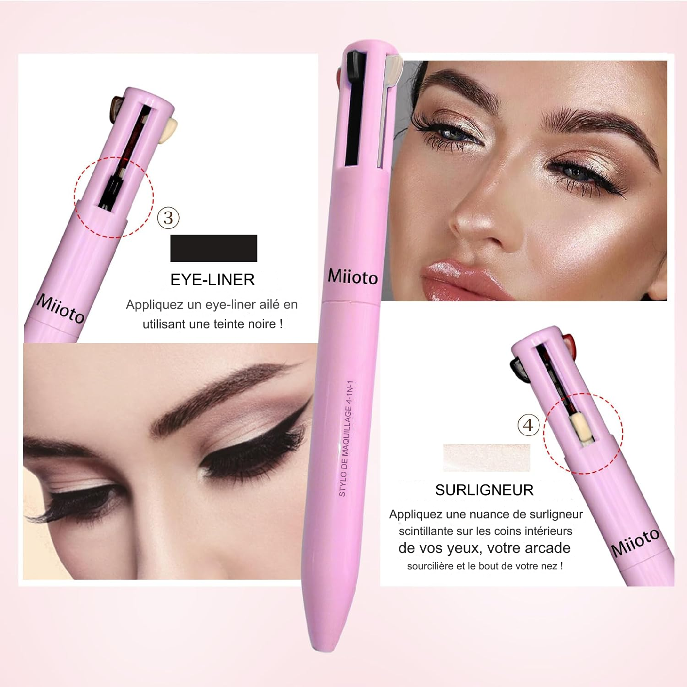 Crayon de maquillage pour les yeux 4 en 1, crayon à sourcils imperméable, longue durée.