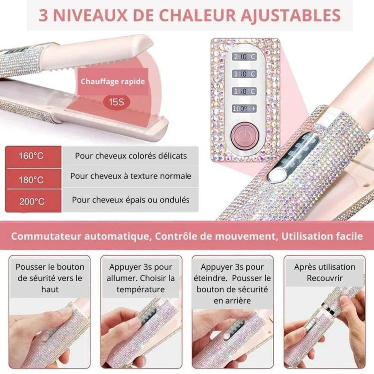 Mini lisseur à cheveux portable sans fil.